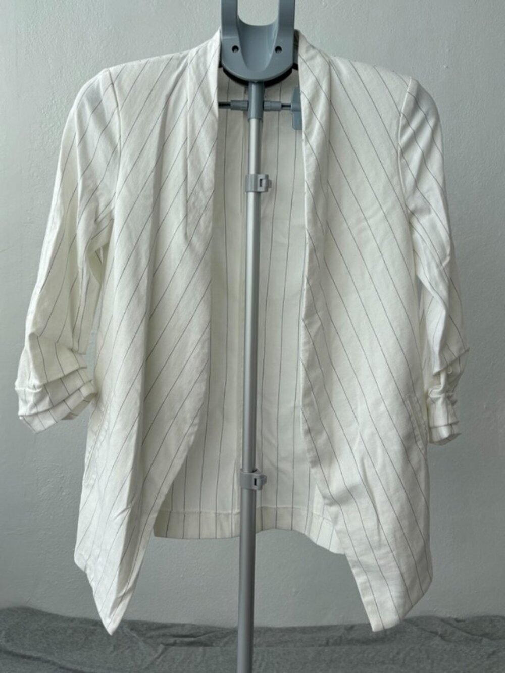 Rachel Zoe Pinstripe Ruched Sleeve Blazer Womens S White Open Front Office Siren